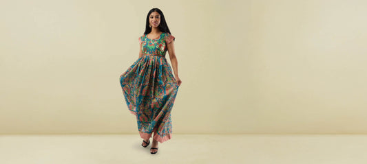 Dress / Indo-Western|Blue Kalankari Print Ankle Length Dress | Indo Western Dress | Modern Indian Wear | indian outfits usa | Indo Western Outfits | indian clothing online