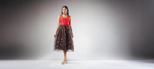 Chanderi|Black and Red Chanderi Printed Indo Western Dress | Indian Ethnic Wear | Indian Attire For Women | indian outfits usa | Indo Western Outfits | indian