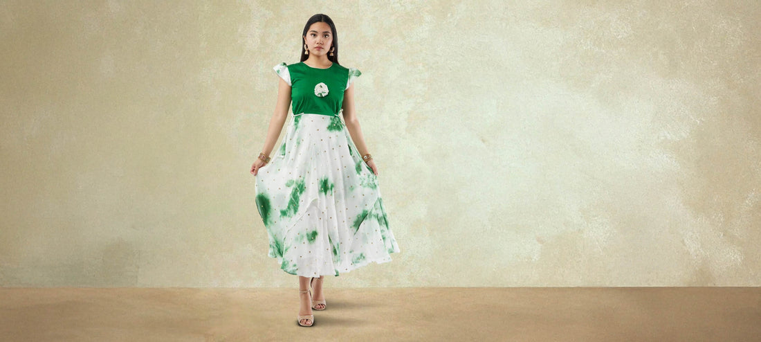 Shibori Print|White and Green Shibori Printed Georgette Layered Dress with Gold Butta | Indo Western Dress | formal indian dress | Indo Western Outfits | indian wear