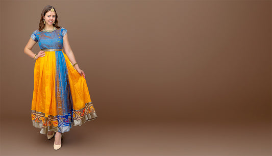 Yellow and Blue Silk Anarkali with Gold Border