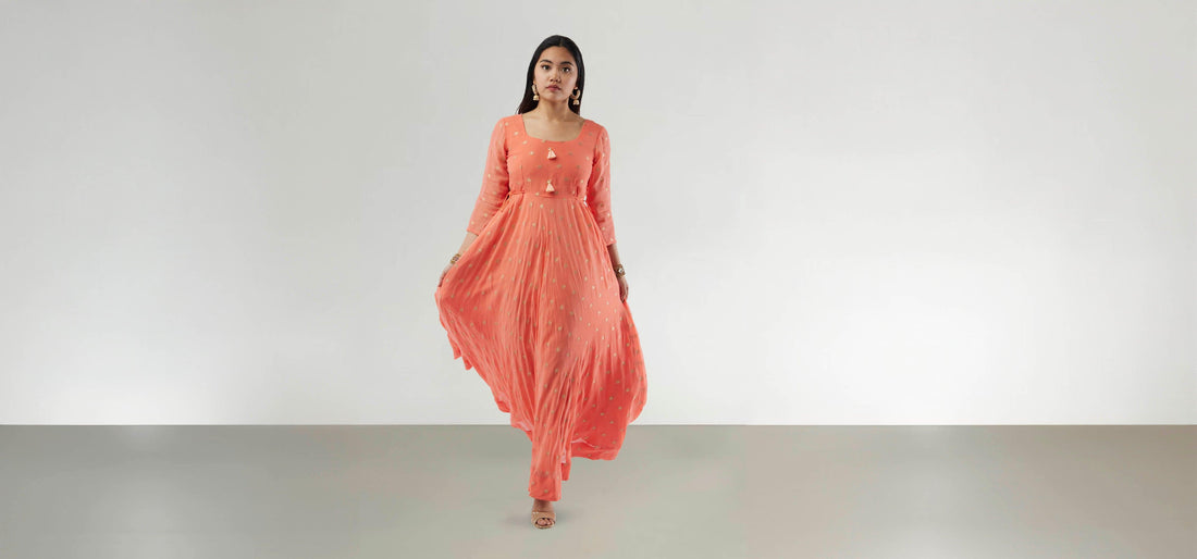 Orange Banarasi Georgette Anarkali Dress with Gold Butta | Indian Attire For Women | Anarkali Suit | Anarkali Dress | Indian Anarkalis | Indian Ethnic Wear