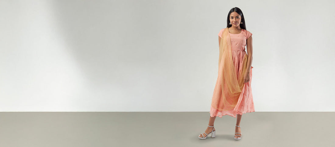 Peach Banarasi Georgette Dress with Gold Net Duppatta | Indian Attire for Women| modern Indian wear| indian contemporary clothing | Indian clothing sites