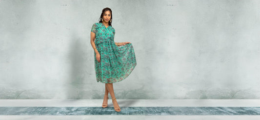 Sea Green Color Printed Dress With Bow | indian dress in usa online | Indian Ethnic Wear | Indian Dresses From India  | Modern Indian Wear | Indian Attire For Women