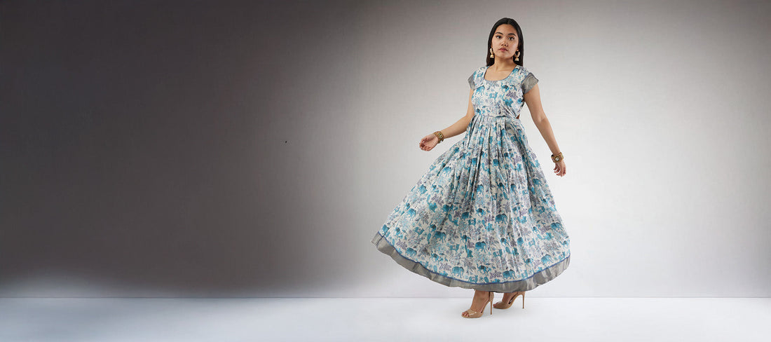 White and Blue Kalamkari Print Ankle Length Dress | Kalamkari | Modern Indian Wear | Indian Attire for Women| dresses Indian wear