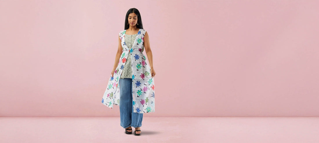 indo western dress|White Floral Print Chiffon Below Knee Length Overcoat | Indo Western Dress | Modern Indian Wear | indian outfits usa | Indo Western Outfits