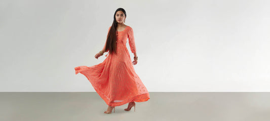 Gold Butta|Orange Banarasi Georgette Anarkali Dress with Gold Butta | Indian Attire For Women | Anarkali Suit | Anarkali Dress | Indian Anarkalis  | Indian Ethnic