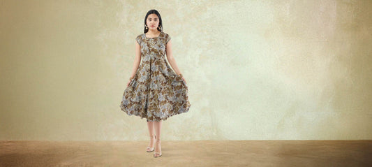 Eid|Brown and Grey Printed Rayon Knee Length Dress | Indo Western Dress | Modern Indian Wear | indian party dress for women | indian wear usa  | Indo Western