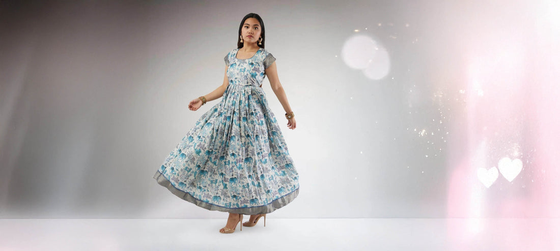 Dress / Indo-Western|White and Blue Kalankari Print Ankle Length Dress | Indo Western Dress | Modern Indian Wear | festive indian wear | indian wear usa | Indo Western Out