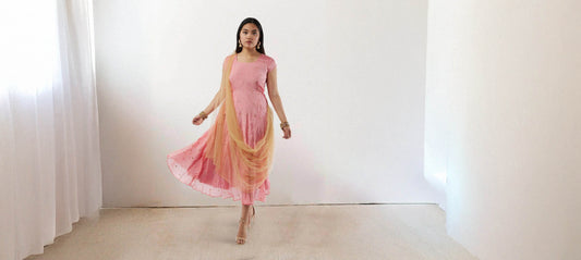 Georgette|Pink Banarasi Georgette Dress with Gold Net Duppatta | Indian Ethnic Wear | Indian Attire For Women | festive indian wear | indian wear usa | Indo Western