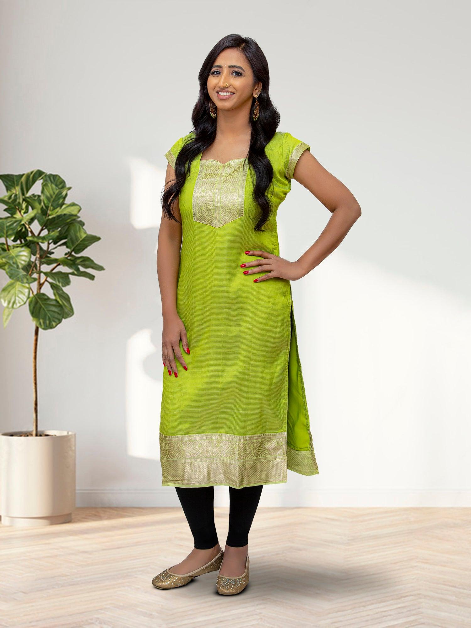 Parrot Green Silk Kurta | Indian Kurtis for Women | Indian Ethnic Wear | Mangalagiri silk | Indian Kurtas for Women | Tunics From India | Indian Attire For Women