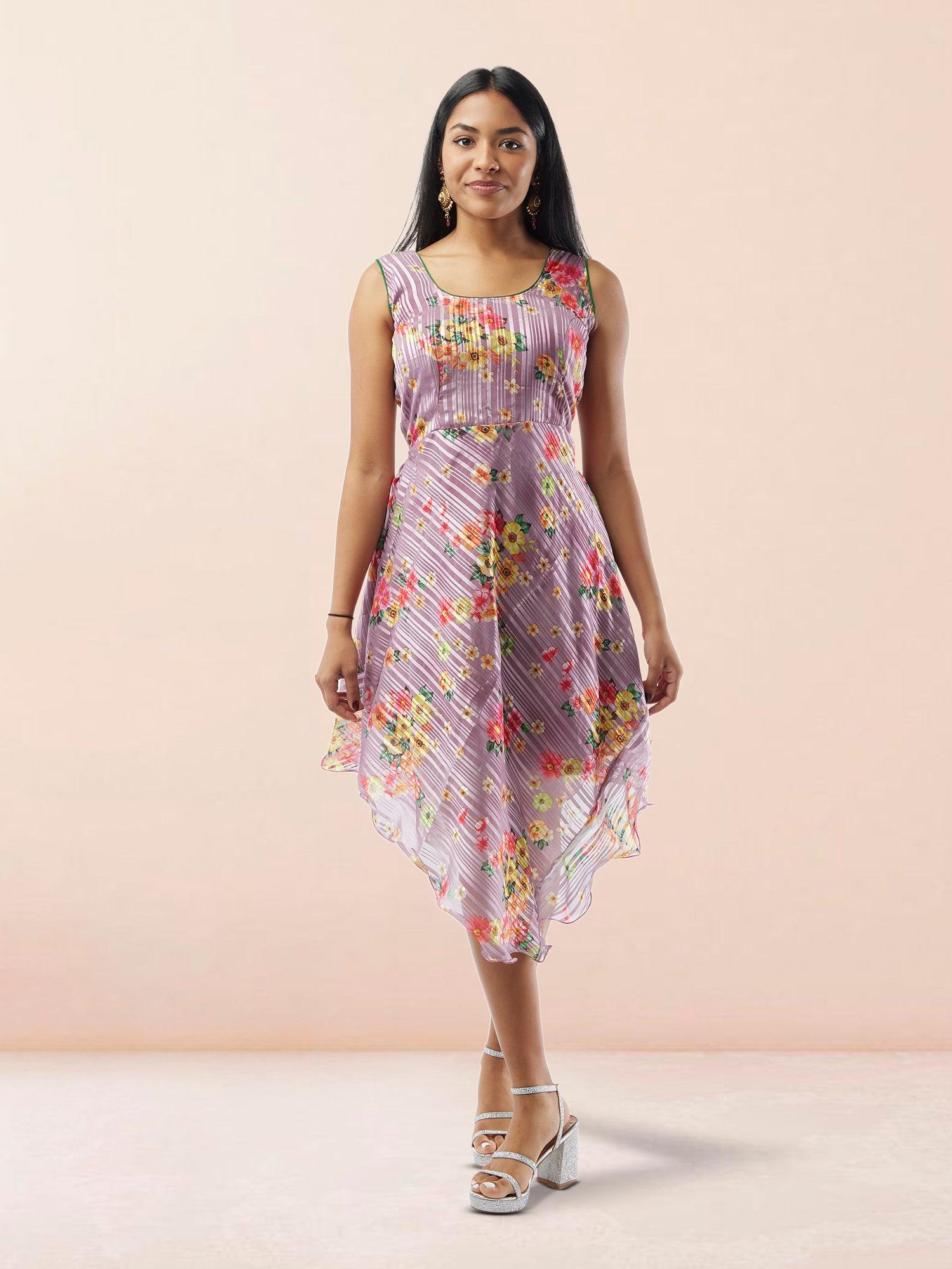 Lavender Floral Printed Chiffon Knee Length Indo Western Dress| Modern Indian Wear | indian party dress for women | indian wear usa | Indo Western Outfits