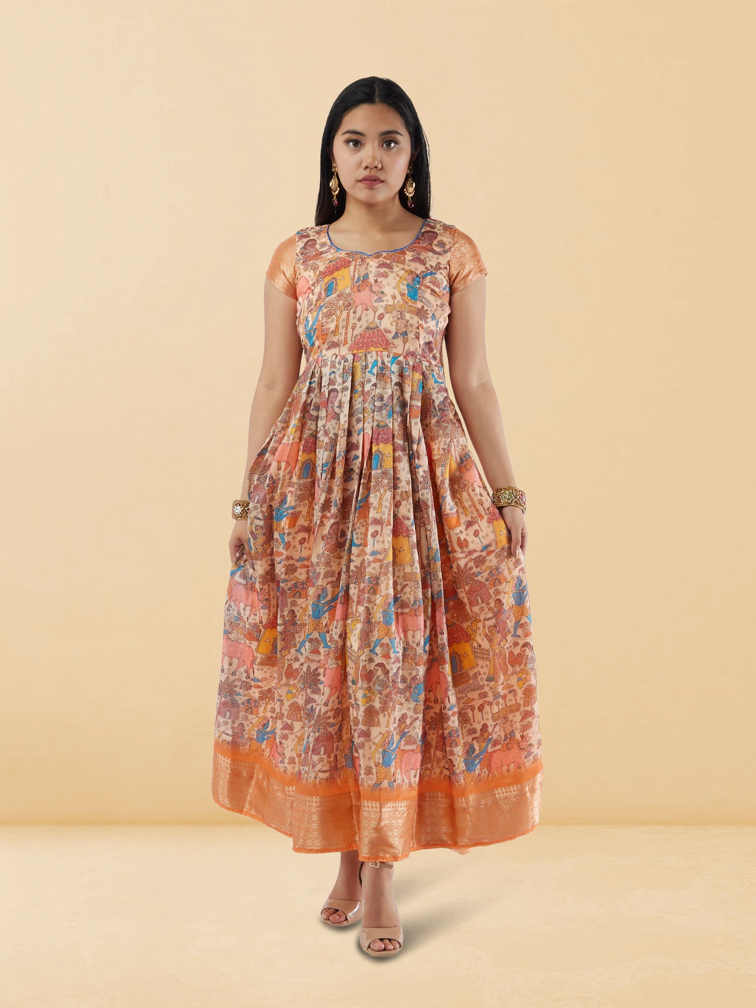 Cream Kalankari Print Ankle Length Dress | Indo Western Dress| Indian Attire For Women | casual indian wear | indian wear usa | indian clothing online usa