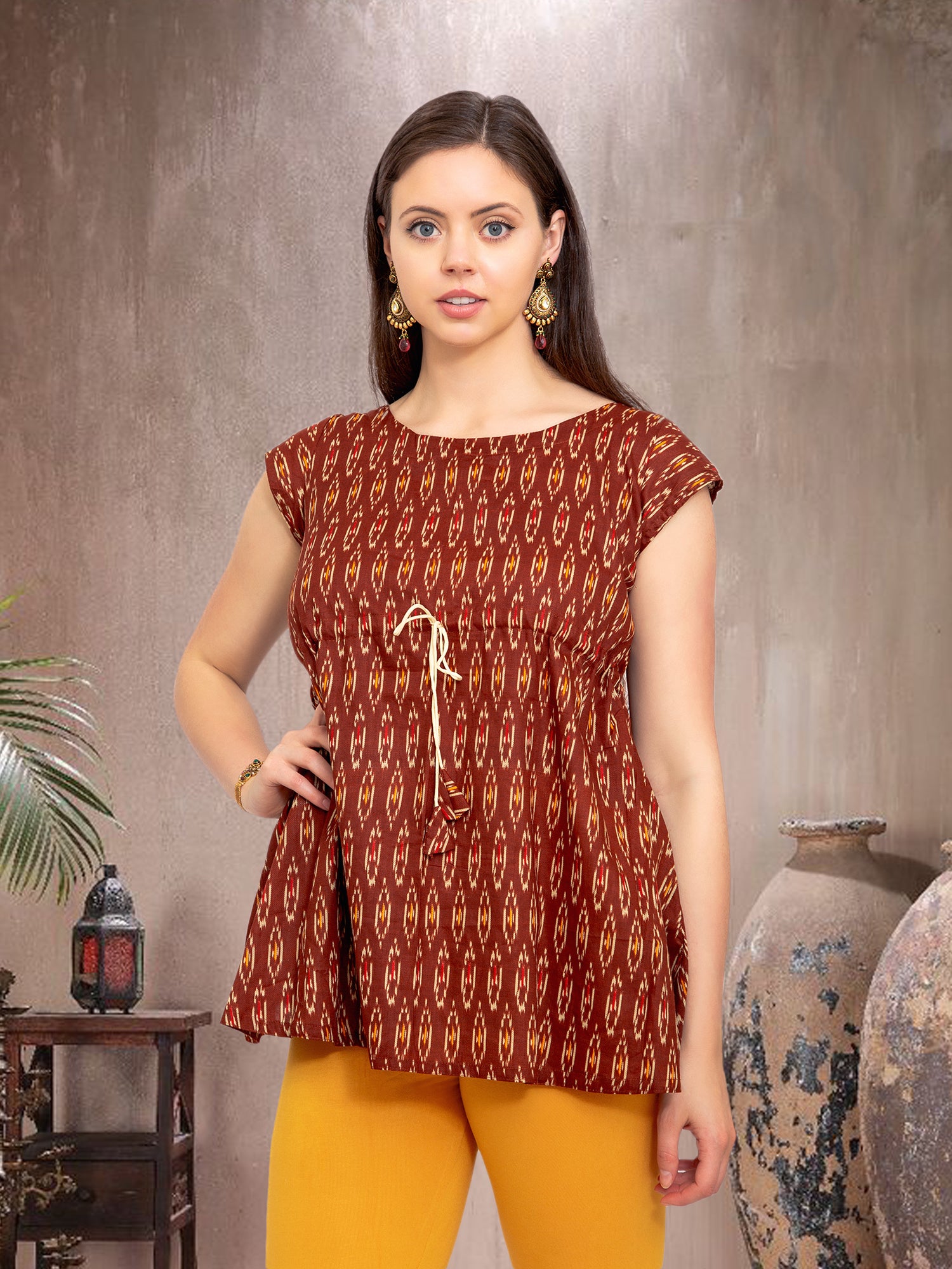 Stylish Brown Red Printed Short Top | Short Kurtis | Modern Indian Wear | Indian Attire For Women | Women's Tops | Indian Short Tops | Indian Wear for Women | Casual Indian Dress