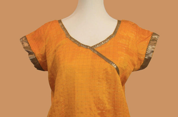 Yellow and Blue Silk Knee Length Kurta with Gold Border | indian kurtis for ladies | Latest Trends In Indian Wear