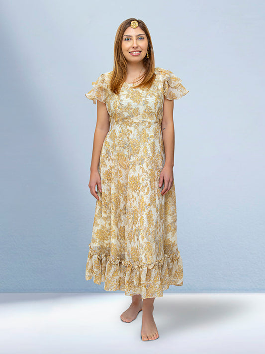 Indian-Western Kurta Beige Ivory Dress | Printed Chiffon | Muvvas Boutique