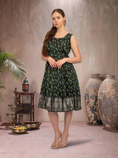 Festive Fusion Black and Green Silk Knee Length Dress | Indian Ethnic Wear | Modern Indian Wear | Indian Attire For Women | Indian Dresses From India | indian dress in usa online