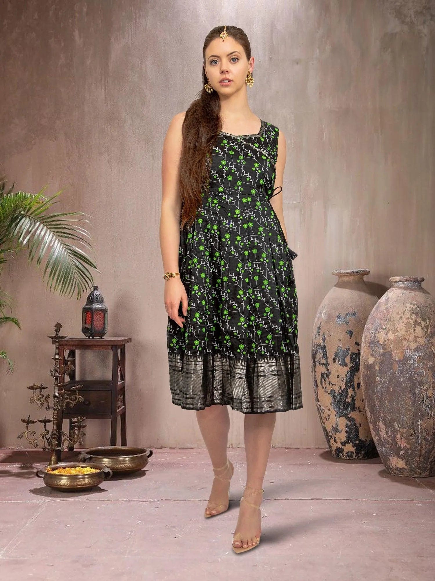 Indian Festive Black and Green Silk Knee Length Dress | Indian Dress in USA Online Indian Festive Black and Green Silk Knee Length Dress | Indian Dress in USA Online