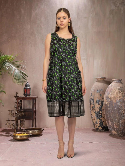 Indian Festive Black and Green Silk Knee Length Dress