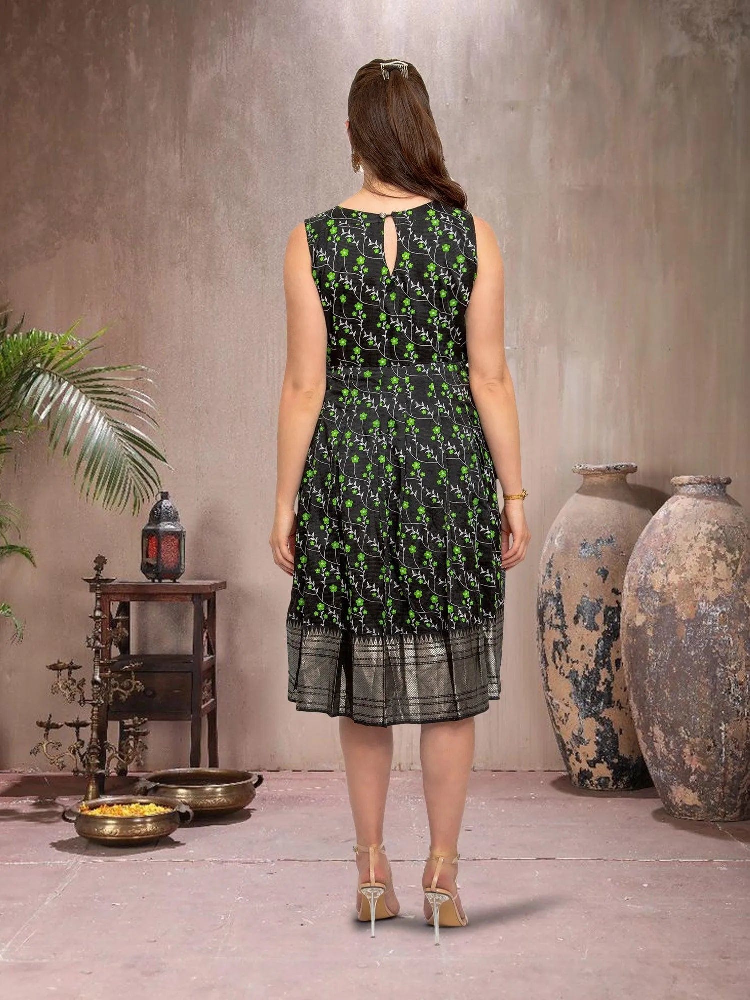 Indian Festive Black and Green Silk Knee Length Dress | Indian Dress in USA Online Indian Festive Black and Green Silk Knee Length Dress | Indian Dress in USA Online