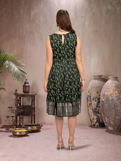 Festive Fusion Black and Green Silk Knee Length Dress | Indian Ethnic Wear | Modern Indian Wear | Indian Attire For Women | Indian Dresses From India | indian dress in usa online