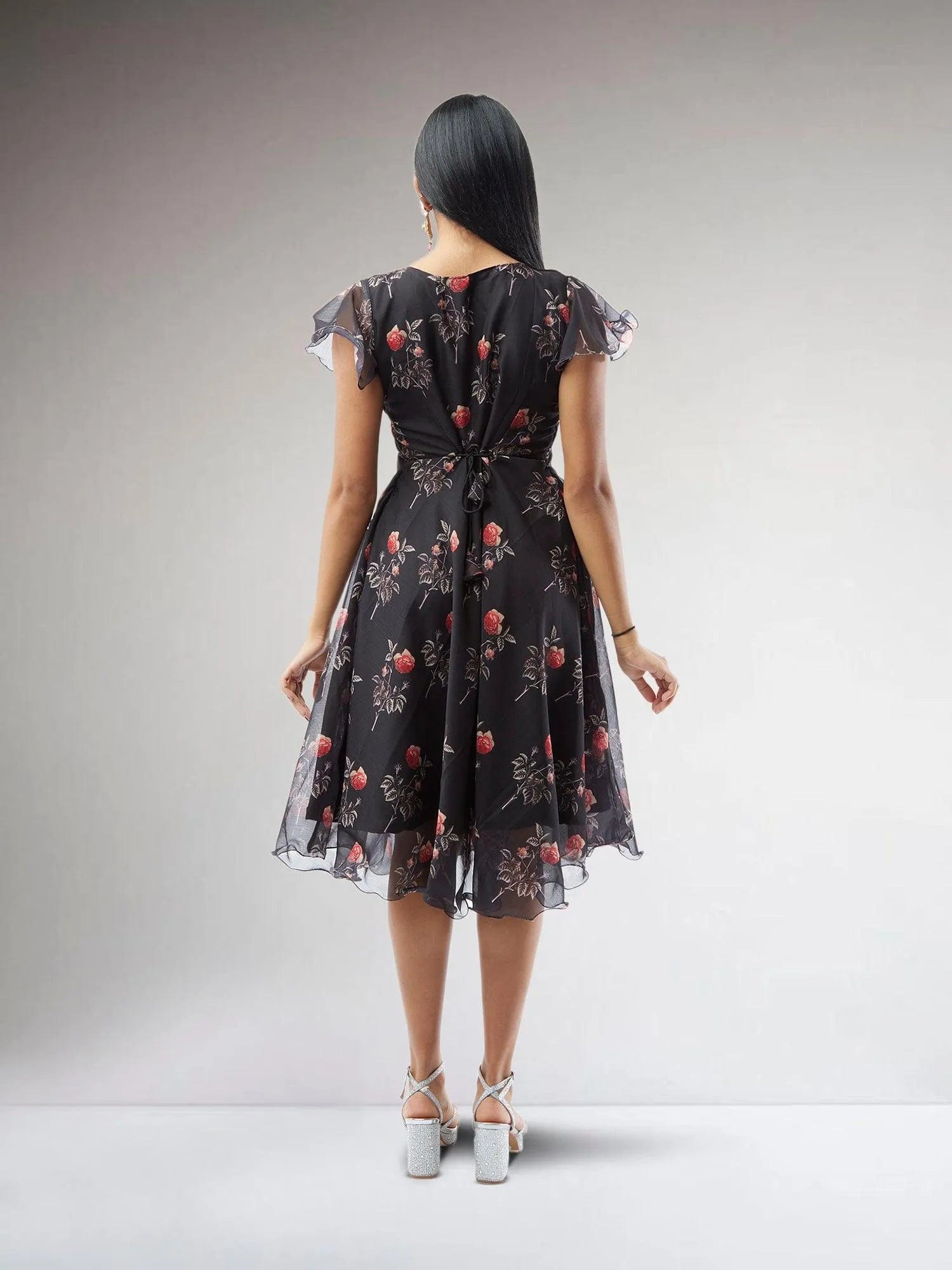 Black Printed Chiffon Knee-Length Dress | Muvvas Boutique Black Printed Chiffon Knee-Length Dress | Muvvas Boutique