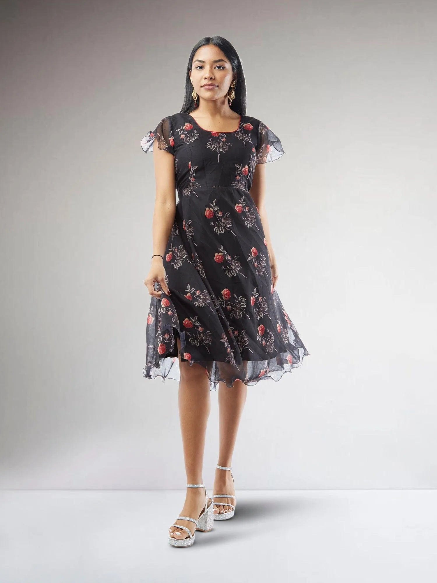 Black Printed Chiffon Knee-Length Dress Black Printed Chiffon Knee-Length Dress