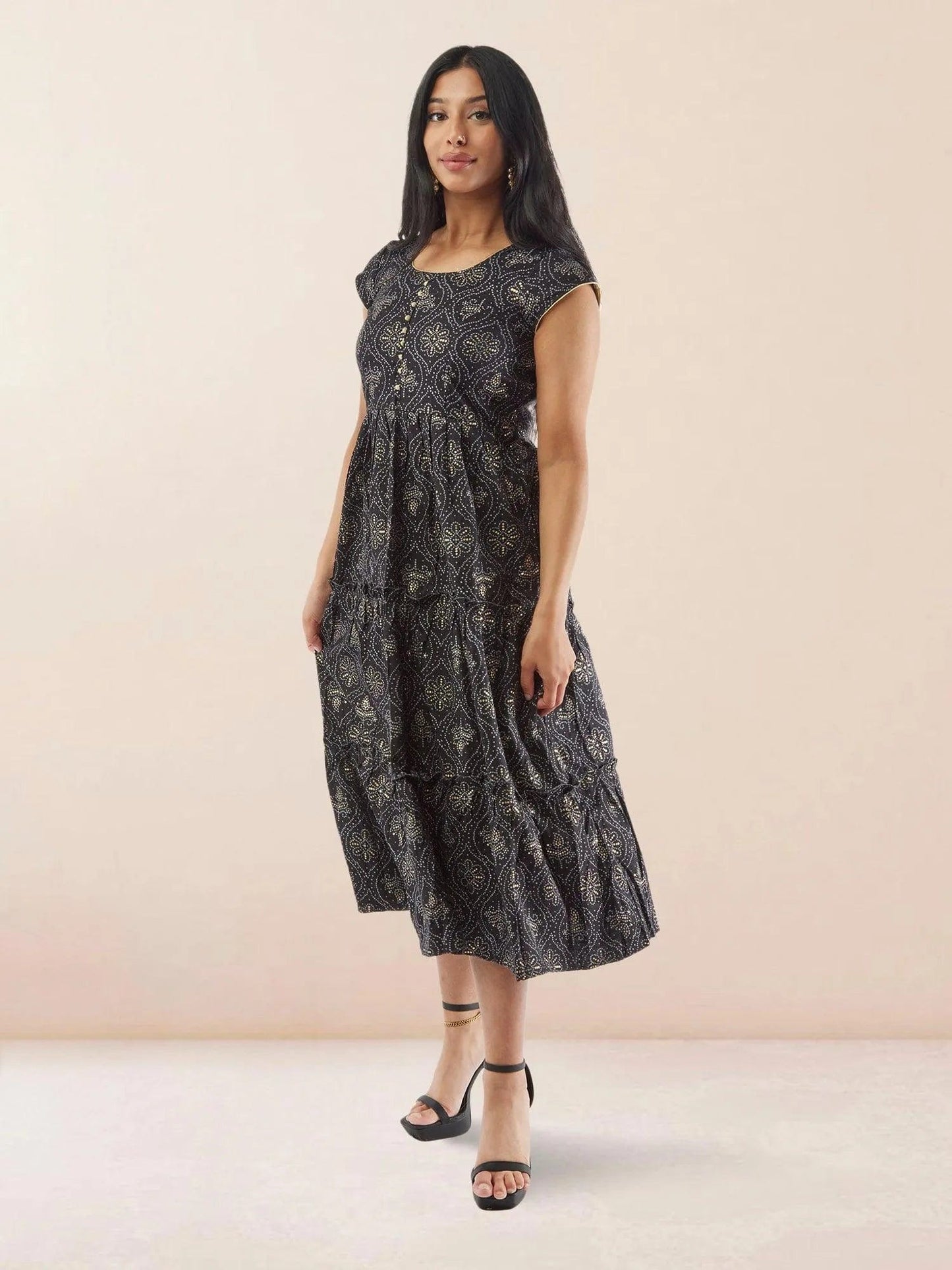 Black Printed Rayon Knee Length Tiered Dress | Indian Ethnic Wear | Modern Indian Wear | Indian Attire For Women | indian outfits usa | Indo Western Outfits | indian clothing online usa