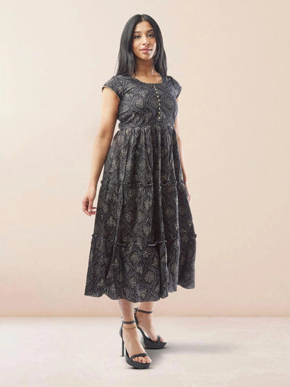 Black Printed Rayon Knee Length Tiered Dress | Indian Ethnic Wear | Modern Indian Wear | Indian Attire For Women | indian outfits usa | Indo Western Outfits | indian clothing online usa