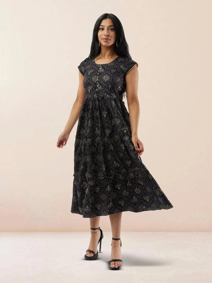 Black Printed Rayon Knee Length Tiered Dress | Indian Ethnic Wear | Modern Indian Wear | Indian Attire For Women | indian outfits usa | Indo Western Outfits | indian clothing online usa