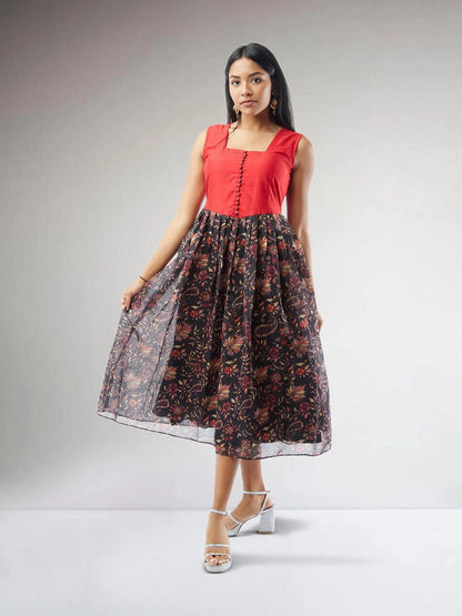 Black and Red Chanderi Printed Indo Western Dress | Indian Ethnic Wear | Indian Attire For Women | indian outfits usa | Indo Western Outfits | indian clothing online usa