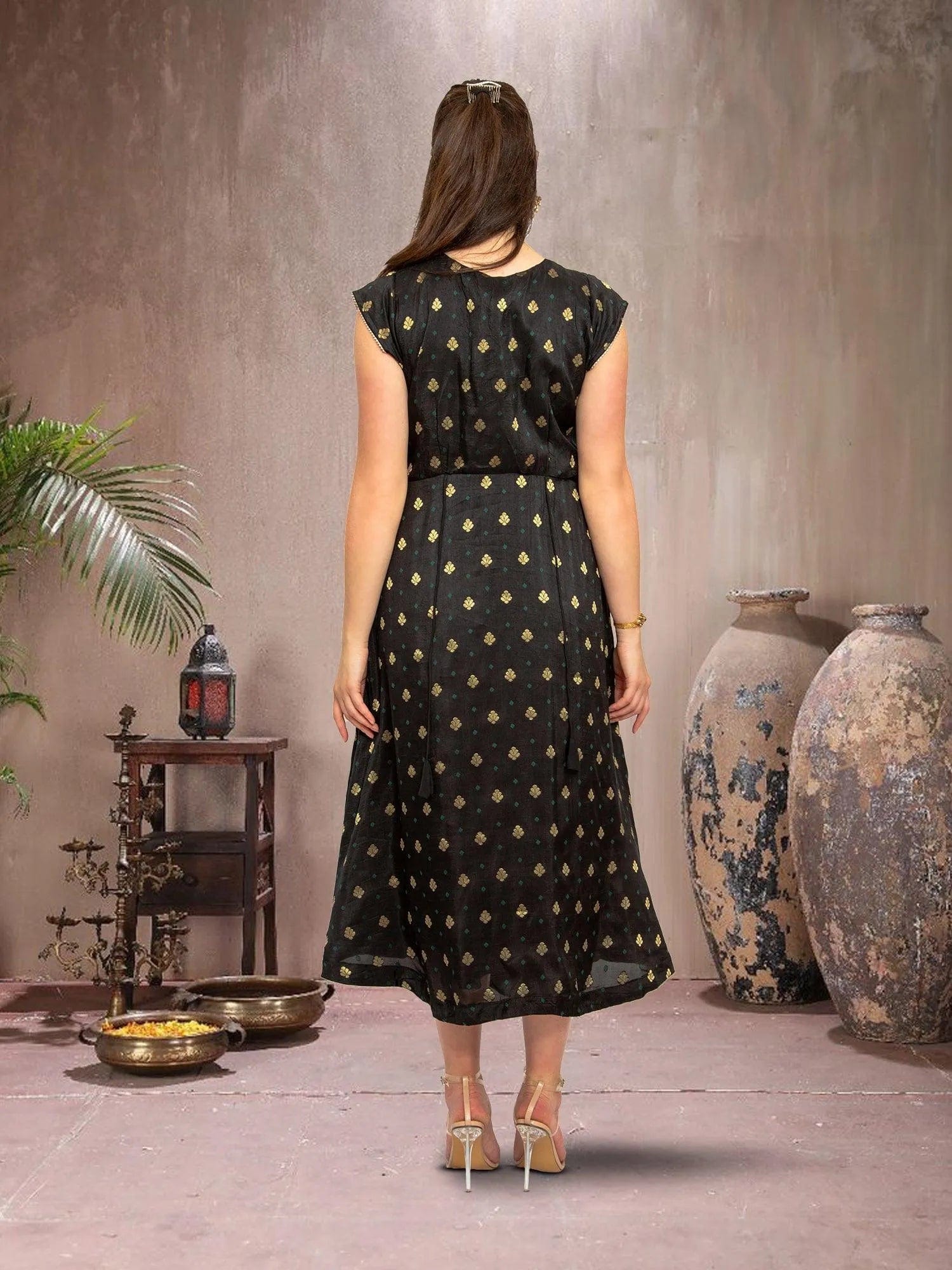 Elegant Black and Gold Silk Knee-Length Dress | Muvvas Boutique Elegant Black and Gold Silk Knee-Length Dress | Muvvas Boutique