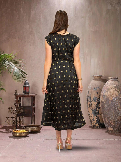 Elegant Black and Gold Silk Knee-Length Dress | Muvvas Boutique Elegant Black and Gold Silk Knee-Length Dress | Muvvas Boutique