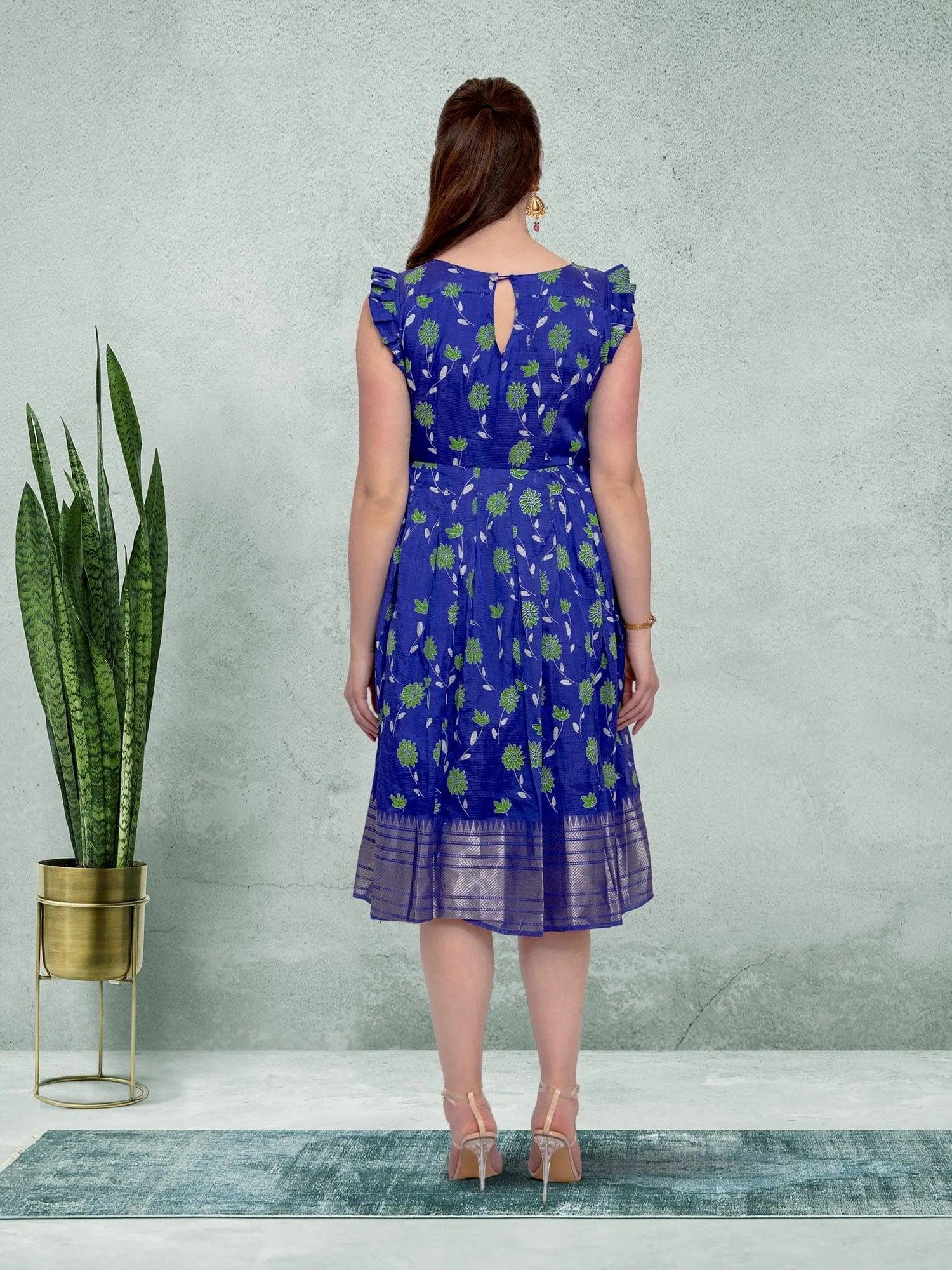 Blue Floral Festive Silk Knee-Length Dress | Indian Dress in USA Online Medium / Purple / Mangalagiri Silk Blue Floral Festive Silk Knee-Length Dress | Indian Dress in USA Online Medium / Purple / Mangalagiri Silk