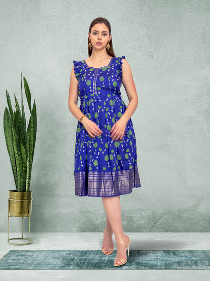 Blue Floral Festive Silk Knee-Length Dress | Indian Ethnic Wear | Indian Attire For Women | Indian Dresses From India  | indian dress in usa online