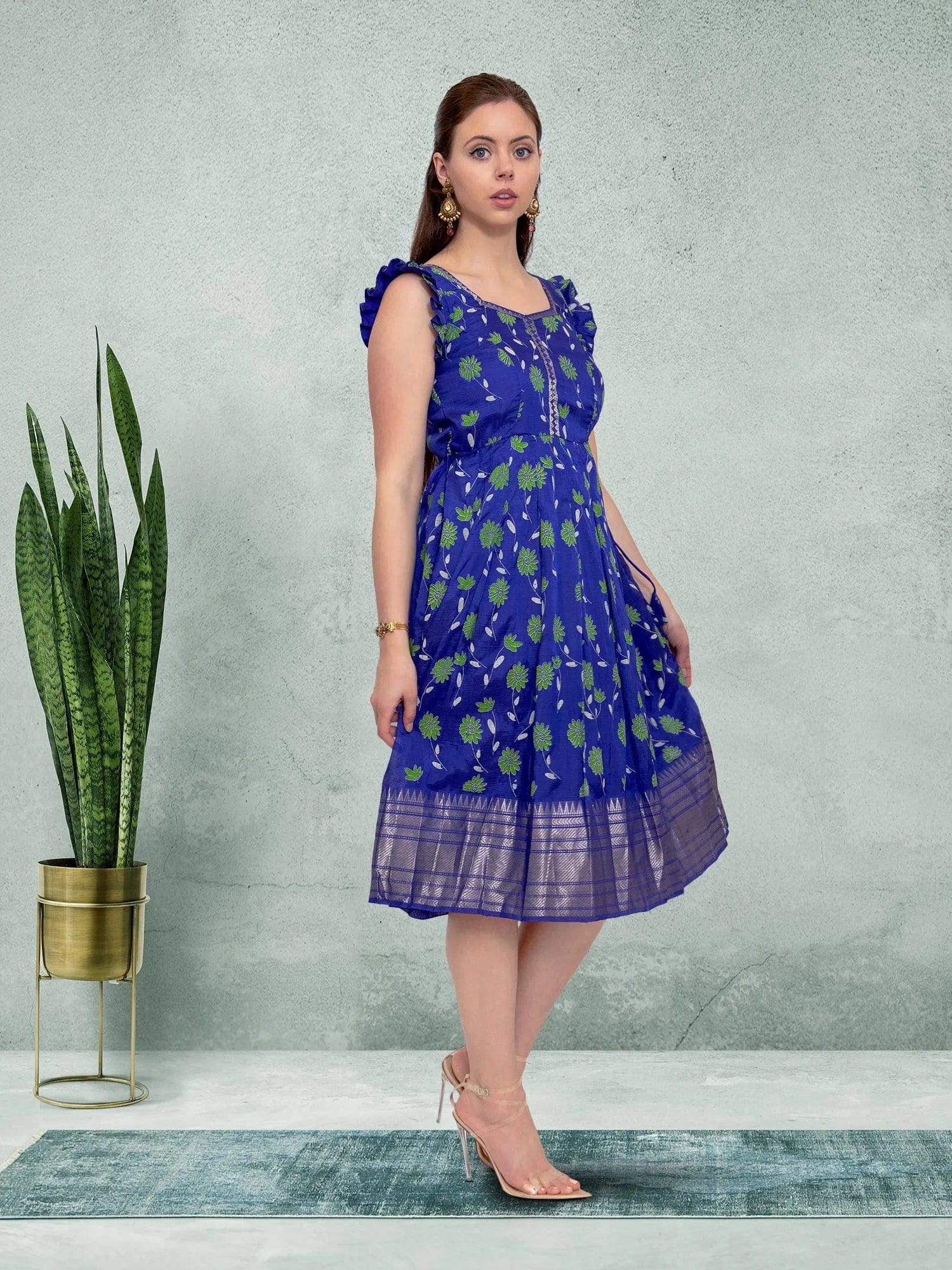 Blue Floral Festive Silk Knee-Length Dress | Indian Dress in USA Online Medium / Purple / Mangalagiri Silk Blue Floral Festive Silk Knee-Length Dress | Indian Dress in USA Online Medium / Purple / Mangalagiri Silk