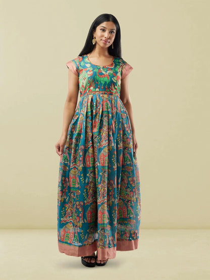 Blue Kalankari Print Ankle Length Dress | Indo Western Dress | Modern Indian Wear | indian outfits usa | Indo Western Outfits | indian clothing online usa