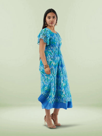 Blue Printed Chiffon Knee Length Tiered Dress | Indian Ethnic Wear | Indian Attire For Women | indian outfits usa | Indo Western Outfits | indian clothing online usa