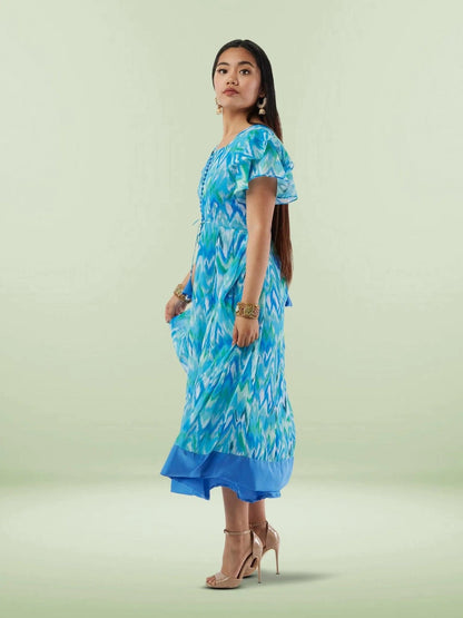 Blue Printed Chiffon Knee Length Tiered Dress | Indian Ethnic Wear | Indian Attire For Women | indian outfits usa | Indo Western Outfits | indian clothing online usa