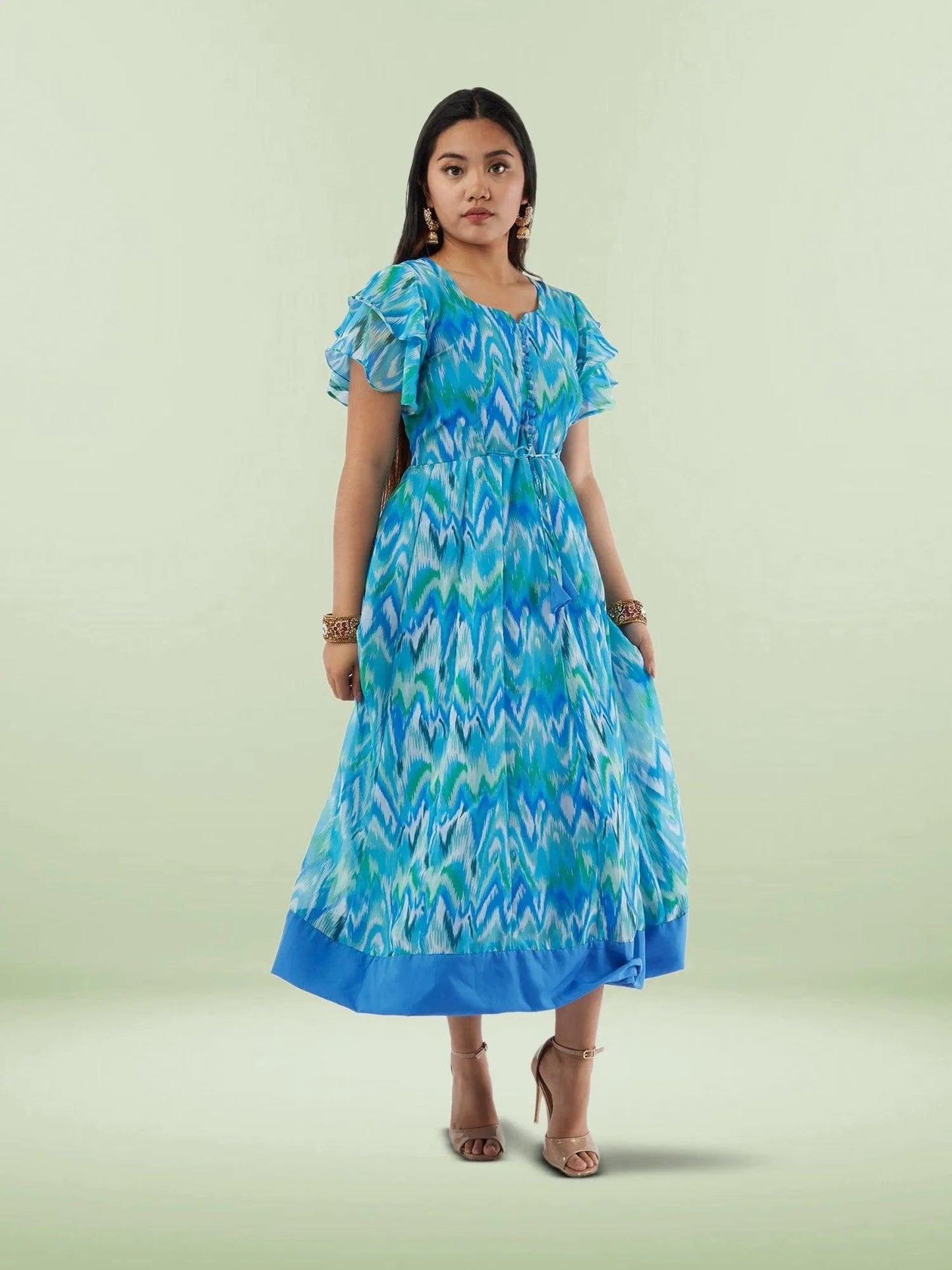 Blue Printed Chiffon Knee Length Tiered Dress | Indian Ethnic Wear | Indian Attire For Women | indian outfits usa | Indo Western Outfits | indian clothing online usa