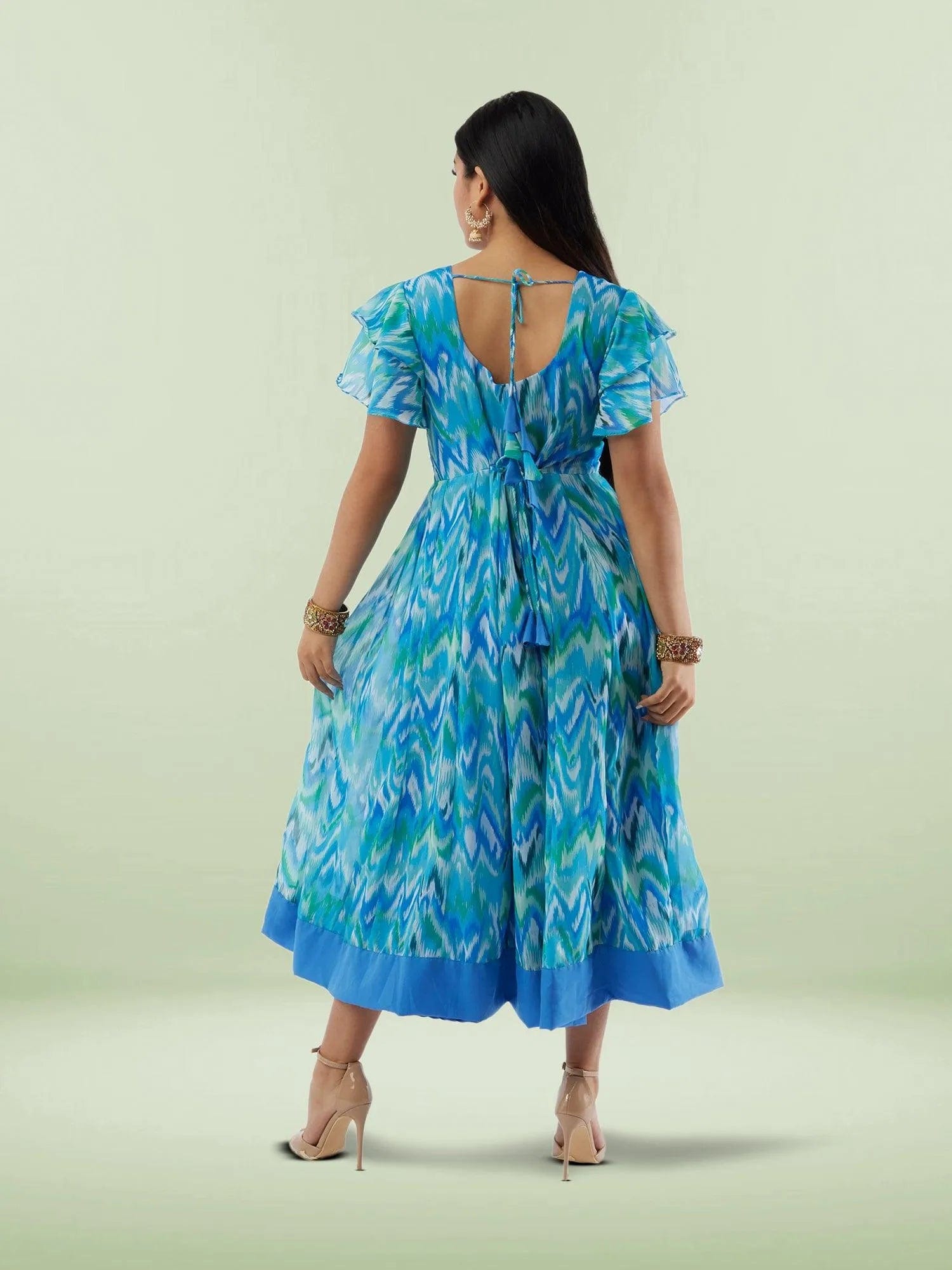 Blue Printed Chiffon Knee Length Tiered Dress | Indian Ethnic Wear | Indian Attire For Women | indian outfits usa | Indo Western Outfits | indian clothing online usa