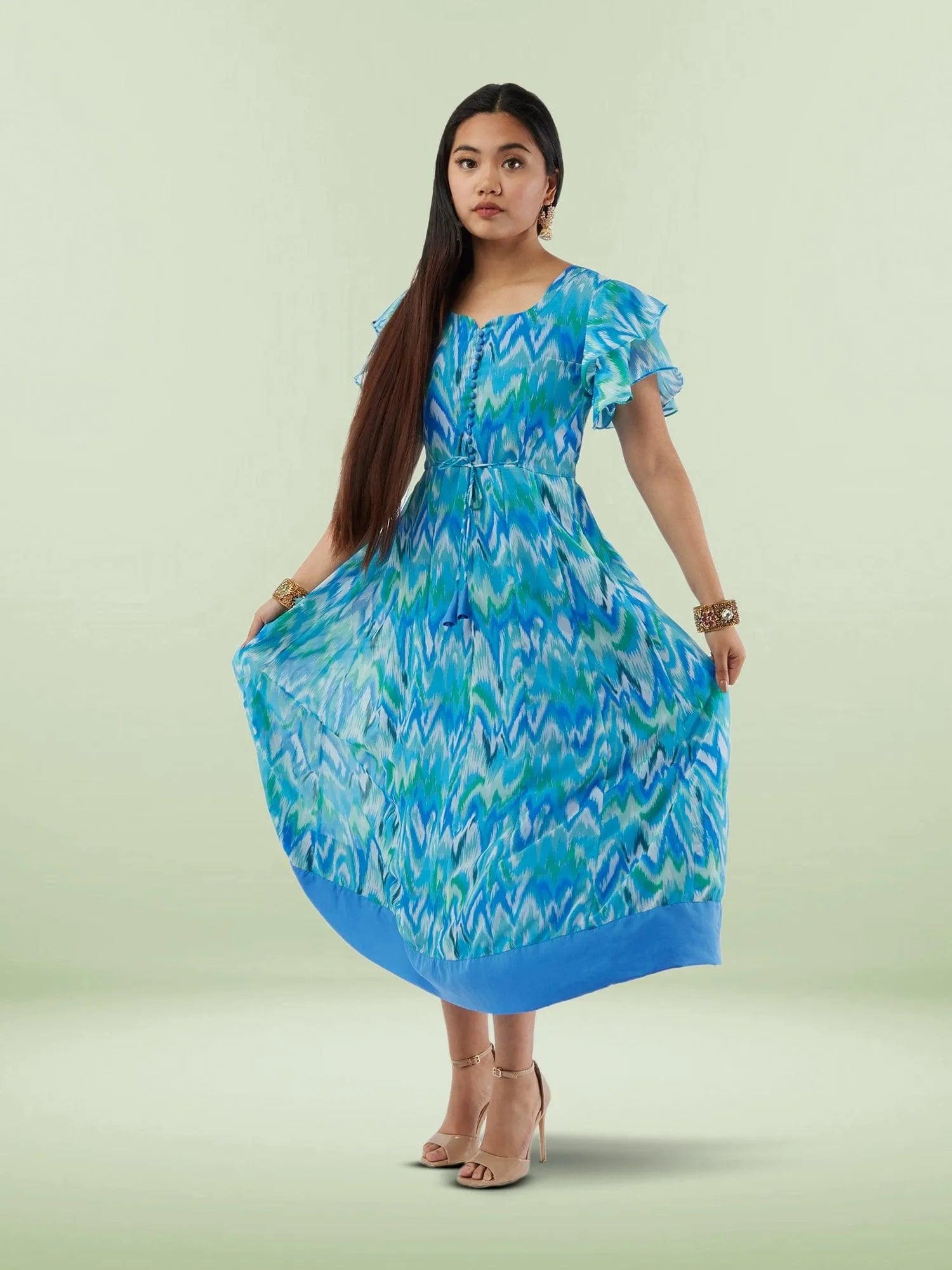 Blue Printed Chiffon Knee Length Tiered Dress | Indian Ethnic Wear | Indian Attire For Women | indian outfits usa | Indo Western Outfits | indian clothing online usa