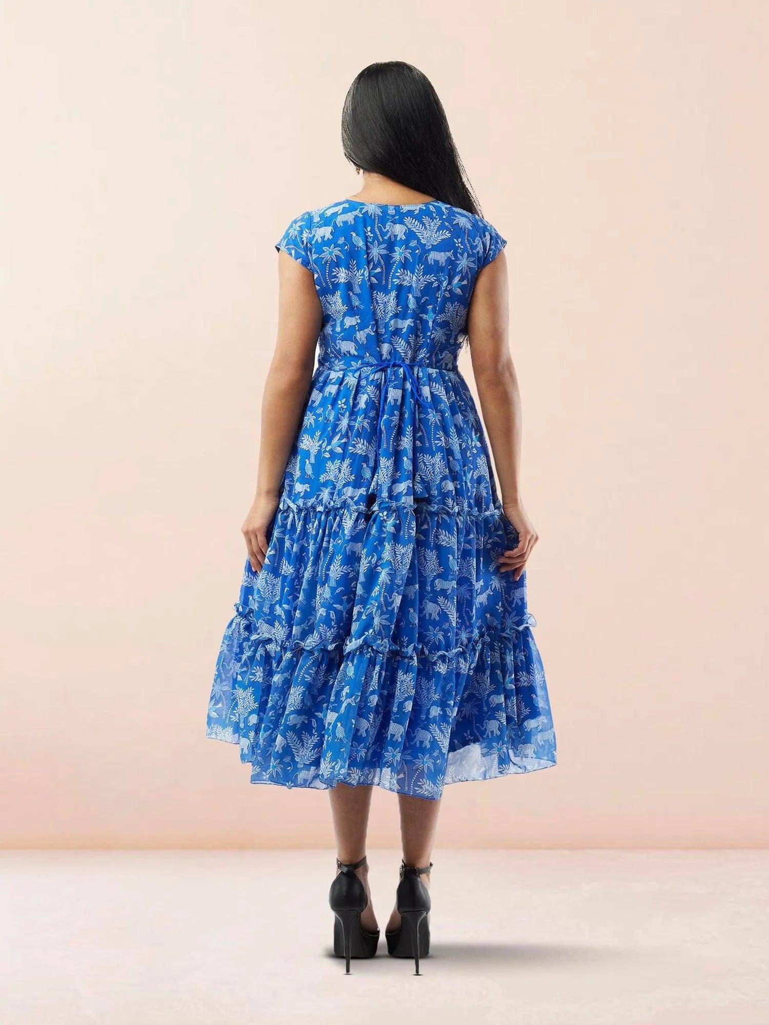 Blue Printed Chiffon Knee Length Tiered Dress Muvvas Boutique