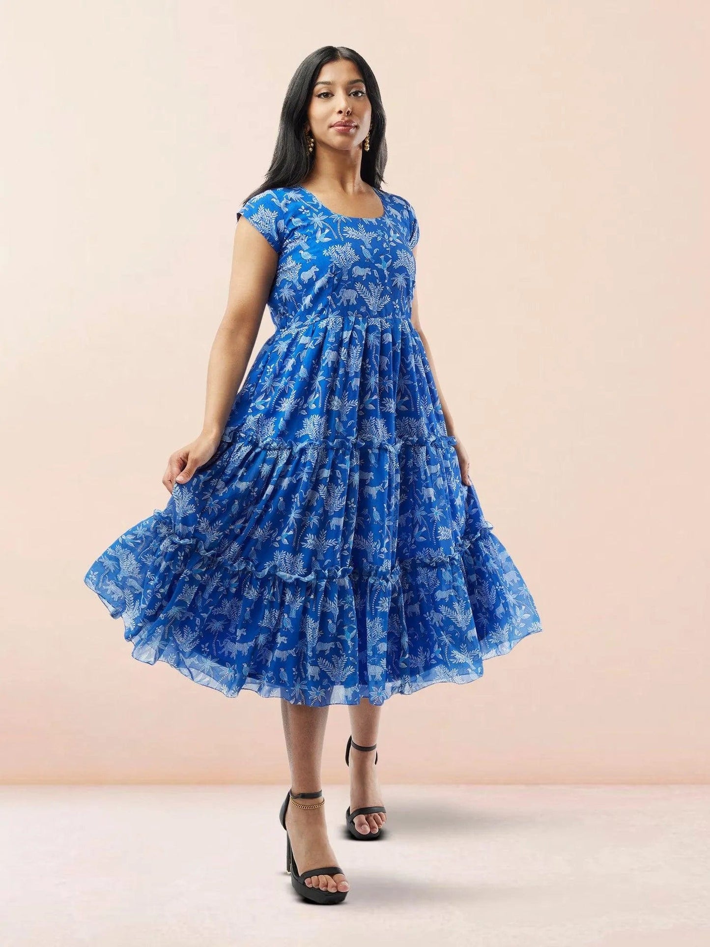 Blue Printed Chiffon Knee Length Tiered Dress | Indo Western Dress | Modern Indian Wear | indian outfits usa | Indo Western Outfits | indian clothing online usa