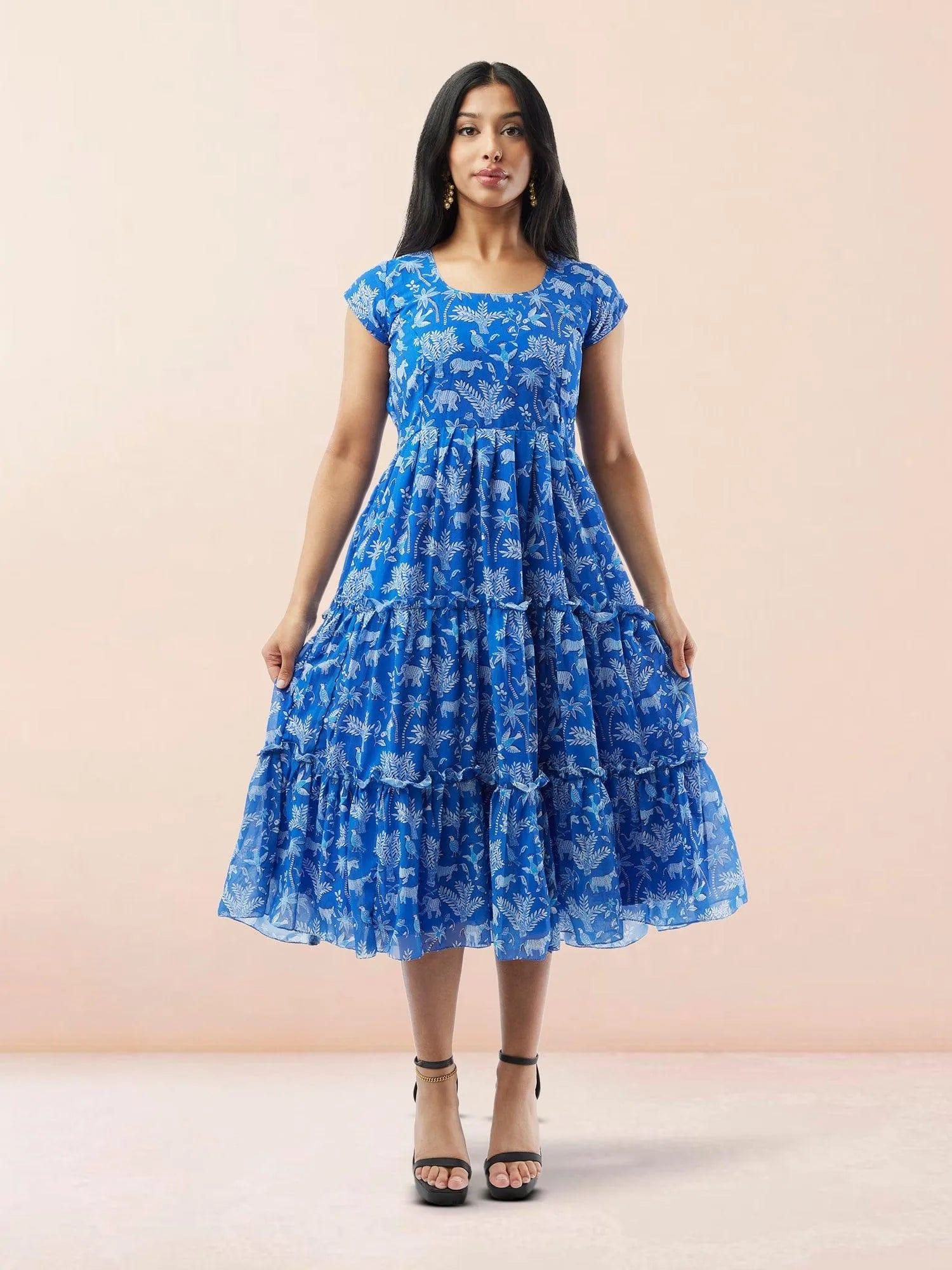 Blue Printed Chiffon Knee Length Tiered Dress | Muvvas Boutique Blue Printed Chiffon Knee Length Tiered Dress | Muvvas Boutique