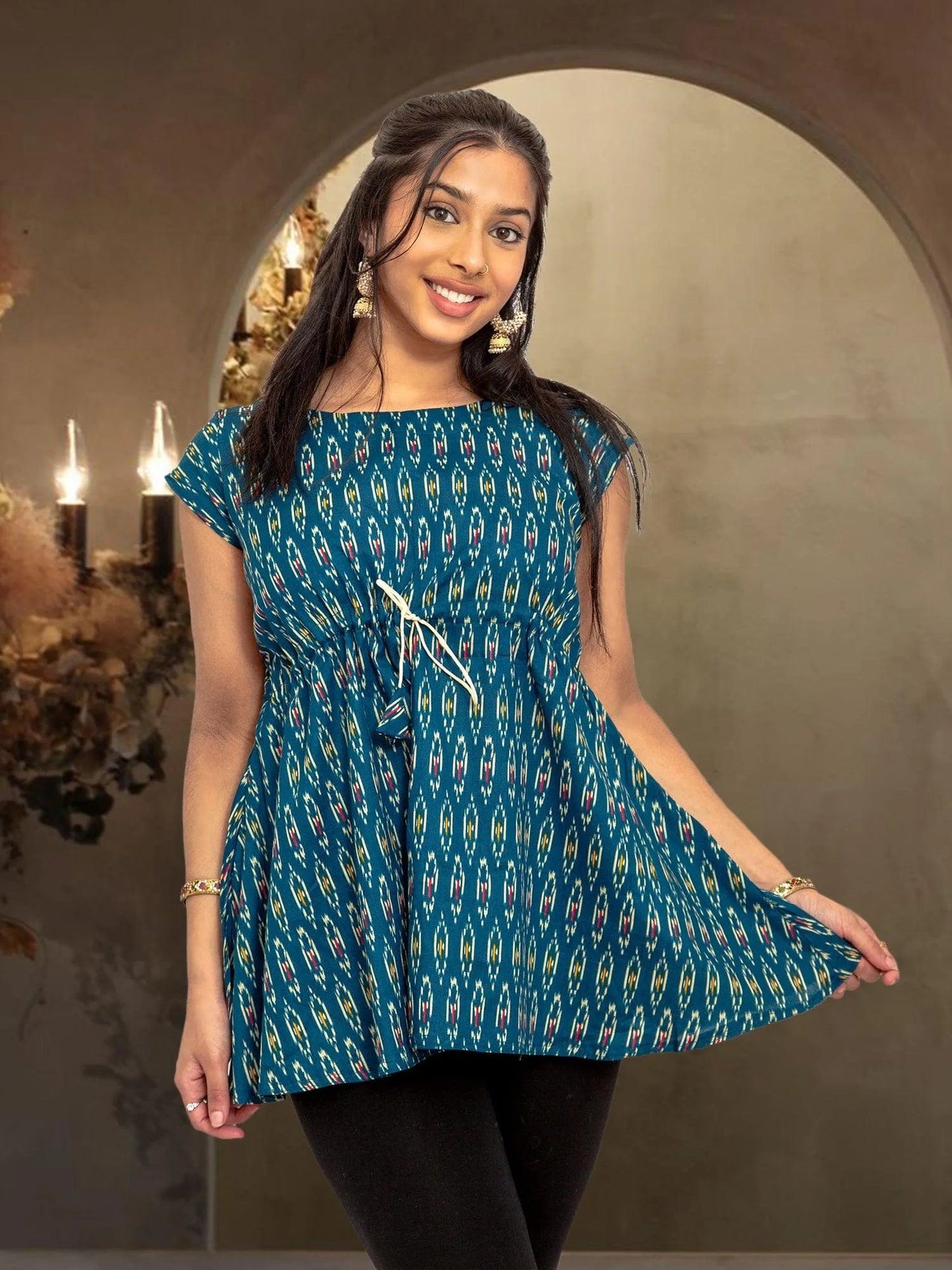 Casual Elegance Blue Printed Short Top | Short Kurtis | Indian Attire For Women | Women's Tops | Indian Short Tops | Indian Wear for Women | Women's Tops | Casual Indian Dress