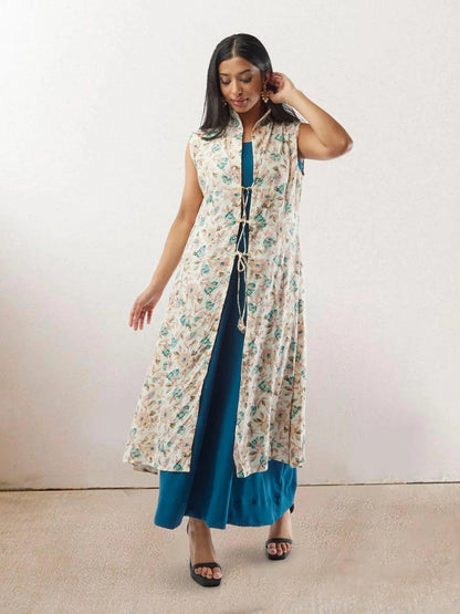 Blue and White Rayon Layered Dress | Muvvas Boutique Blue and White Rayon Layered Dress | Muvvas Boutique