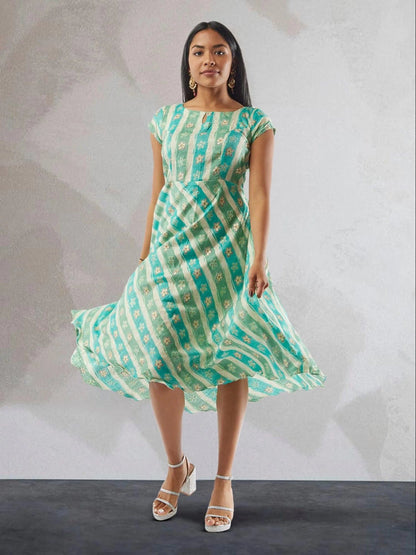 Blue, Green and White Floral Rayon Knee Length Dress | Indo Western Dress | Modern Indian Wear | indian party dress for women | indian wear usa  | Indo Western Outfits