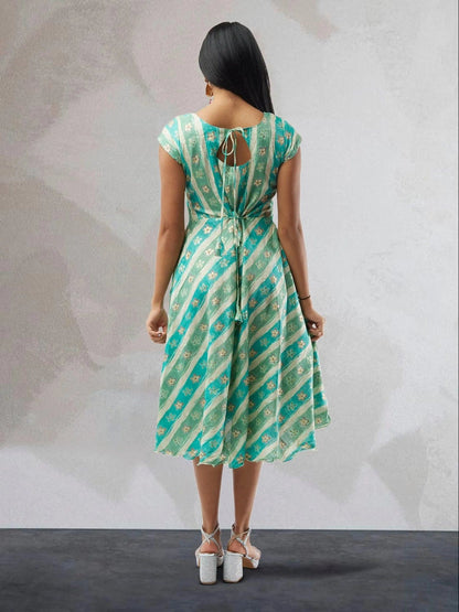 Blue, Green and White Floral Rayon Knee Length Dress | Indo Western Dress | Modern Indian Wear | indian party dress for women | indian wear usa  | Indo Western Outfits