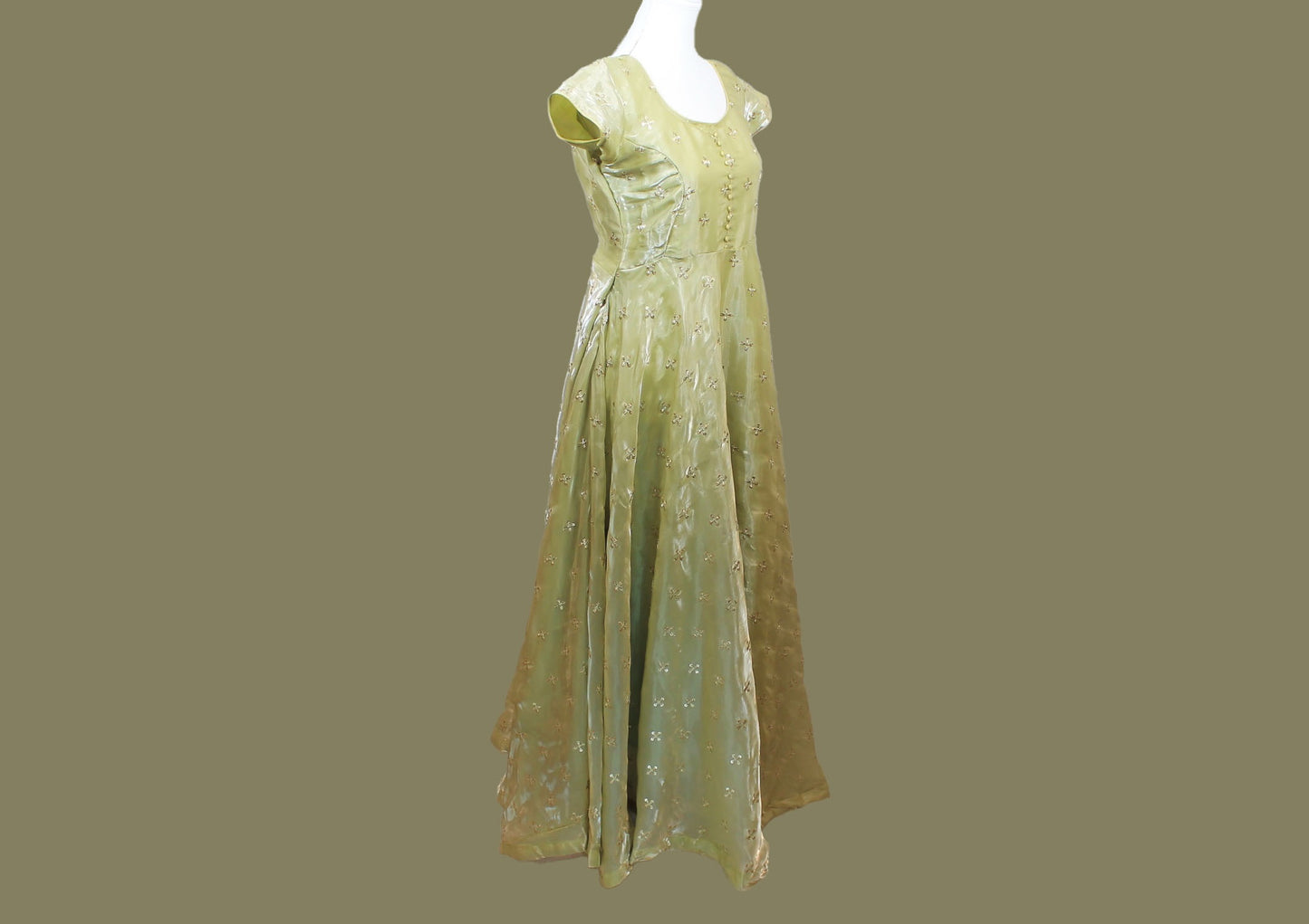 Enchanting Anarkali - Pastel Green Color Organza Dress with Gold Work