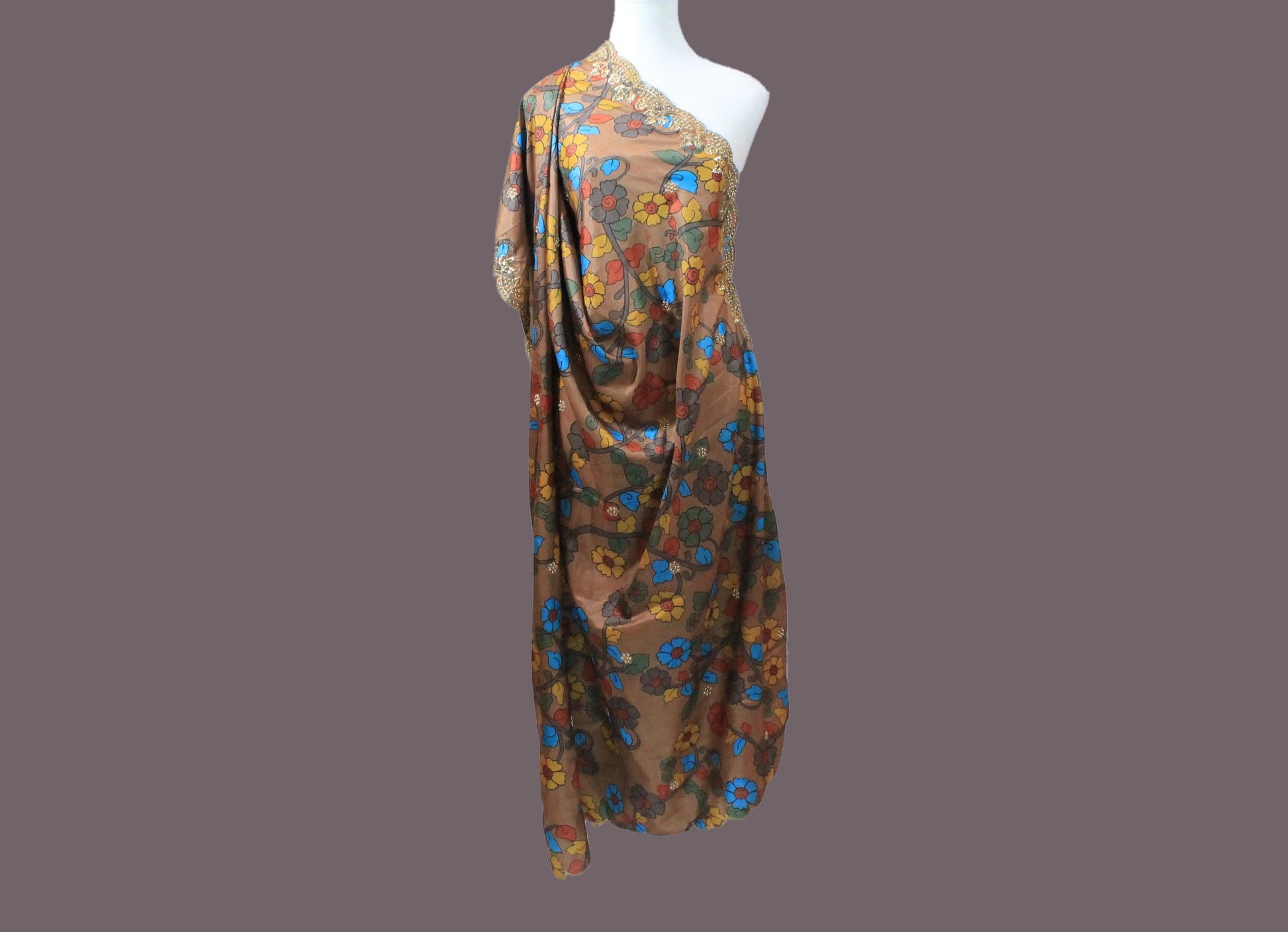 Brown Silk Dupatta with Golden Floral Print | Muvvas Boutique